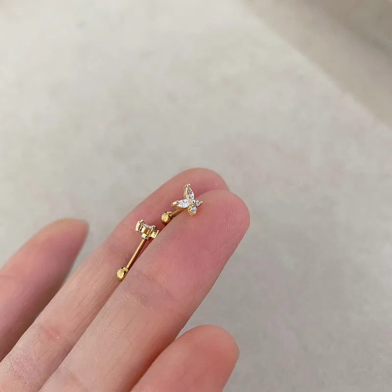 PONYKISS Silver Color Zircon Butterfly Bead Stud Earrings for Women Cute Fashion Jewelry Insect Accessories