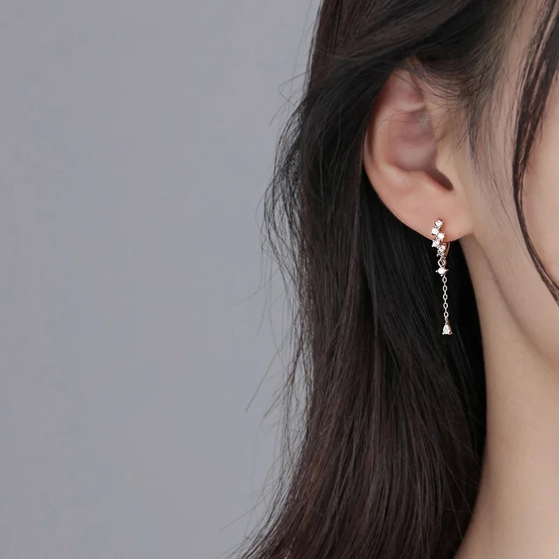 WOMEN 925 Silver Needle Water Drop Geometric Zircon White Zircon Crystal Flowers Pendant Hoop Earrings Fashion Wedding Jewelry