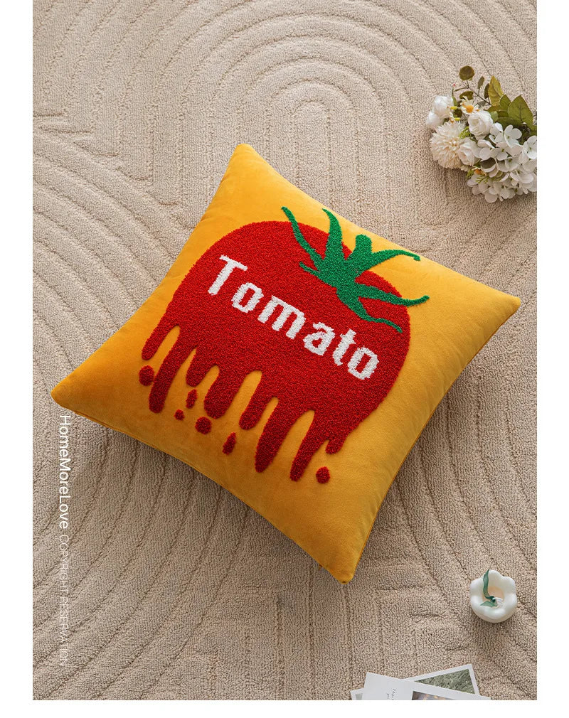 Ins Letter Fruit Embroidered Cushion Cover | 45×45cm Nordic Velvet Pillowcase | Handmade Home Decor