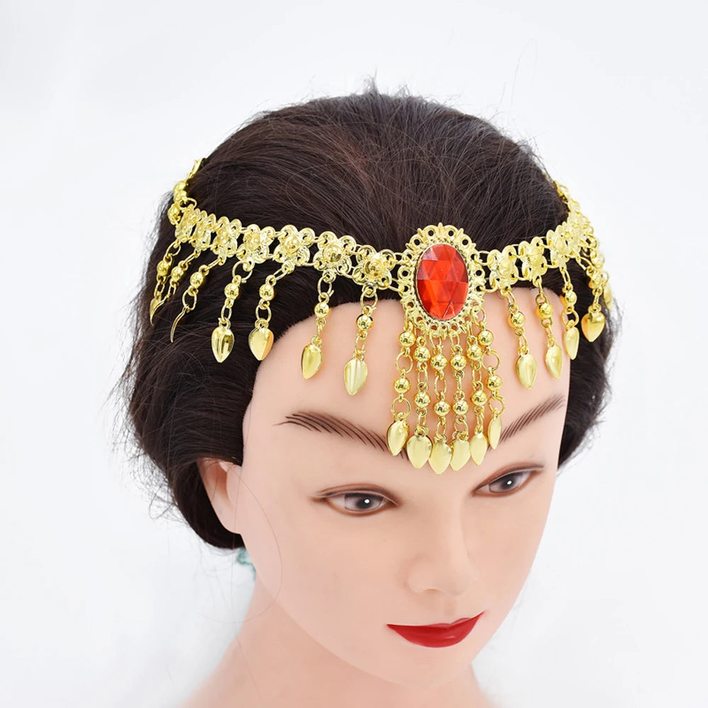 Indian Belly Dance Jewelry Set – Crystal Bell Tassel Necklace, Earrings, Bracelet & Hair Accessories