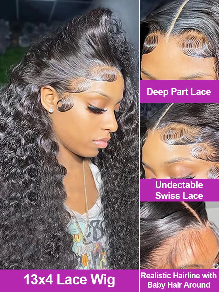 46 inch Hd Lace 13x4 13x6 Curly Deep Wave Frontal Wig Brazilian Curly Human Hair Wig Loose Water Wave Wig For Women 300 Density