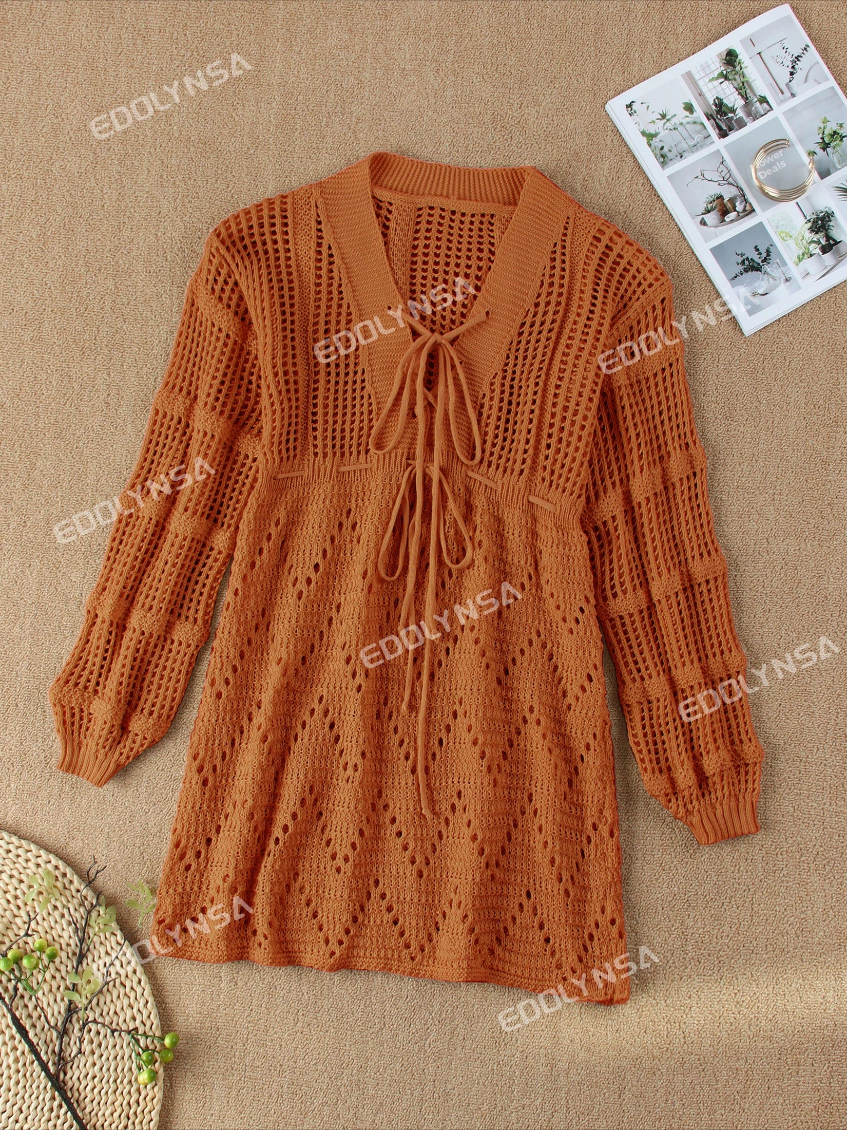 Sexy Deep V-neck Lace-up Bell Sleeve Knit Mesh Hollow Out Beach Mini Dress 2026 Summer Swimsuit Cover Up Women Casual Tunic K14