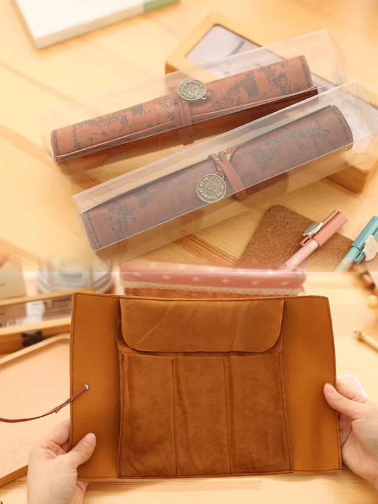 Treasure Map Leather PU Retro Boy Girl Pencil Bag Cosmetic Bag Roll Pen Bag For Student Gifts Stationery Brush Makeup Supplies