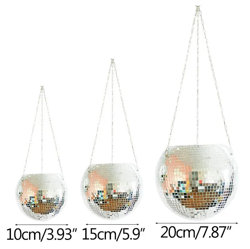 Disco Ball Hanging Flower Planter - Bohemian Rope Mirror Basket for Indoor Plants, Garden & Home Decor Vase