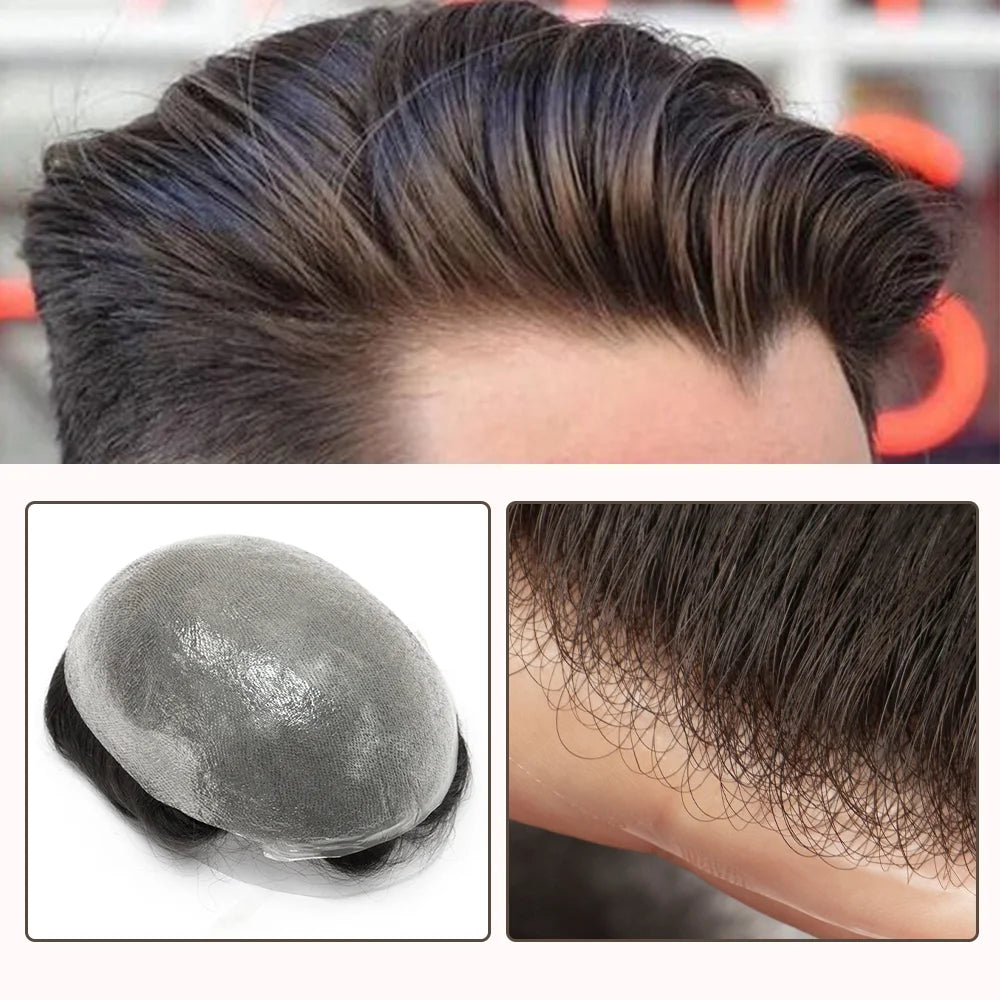 Wig Man Men's Capillary Prosthesis 100% Human Hair Wigs Men Toupee 0.03mm 90% 100% Density V Loop Human Hair Toupee For Men
