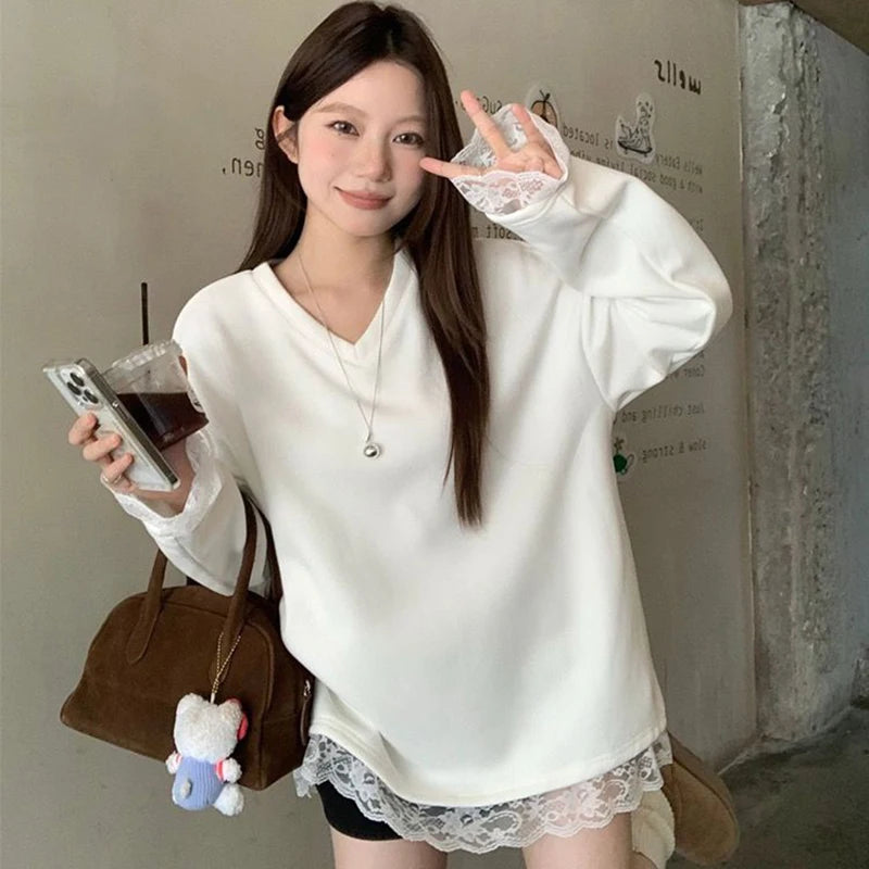 Chic Lace Patchwork Long Sleeve T Shirt Women Loose Warm White O Neck Tops Korean Fashion Office Ladies Casual V Neck Tees New