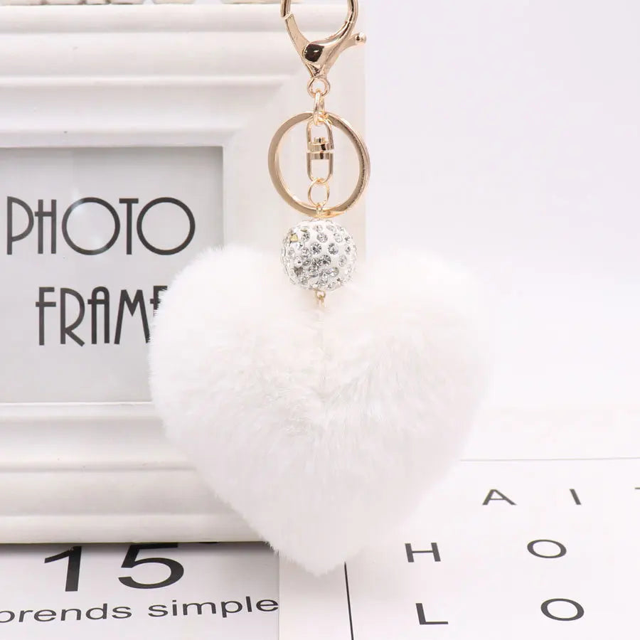 Soft Rabbit Fur Love Zircon Ball Charm Key Chain Jewelry for Women Colorful Love Key Ring Accessories Bags Keychains for Girls