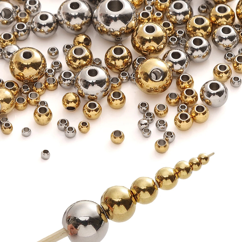 2-8mm Stainless Steel Beads for Jewelry Making Loose Spacer Beads Ball Hole 1-1.5mm for Bracelets Jewelry Components DIY Golden