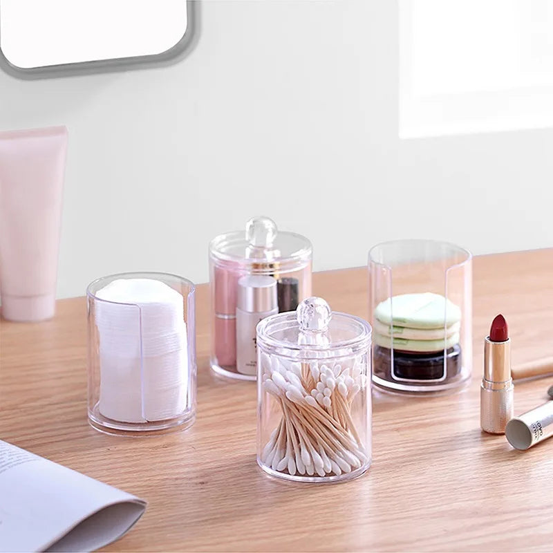 Acrylic Storage Box Bathroom Jar Makeup Organizer Cotton Round Pad Holder Cotton Swab Box Qtip Holder Dispenser with Bamboo Lid