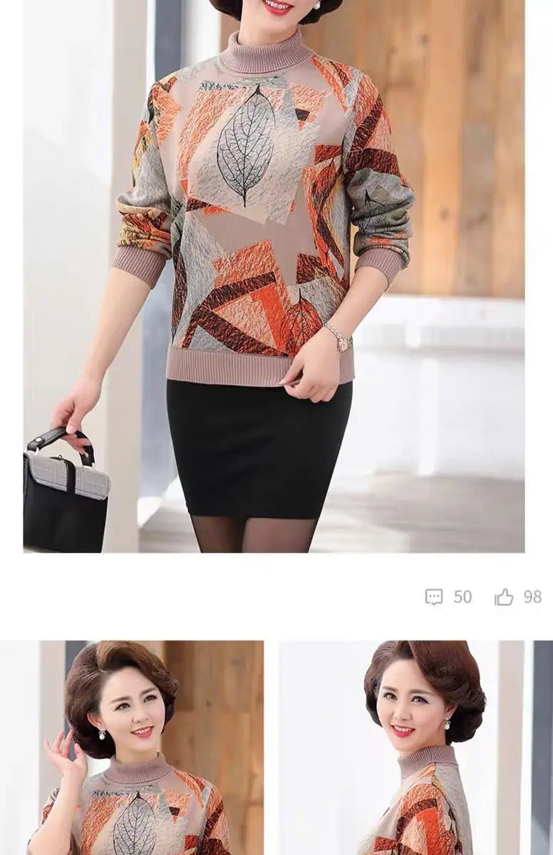 Women's Clothing 2022 Casual Plant Printed T-shirt Autumn Winter Fleece Warm Thick Fashion Knitted Spliced Turtleneck Pullovers