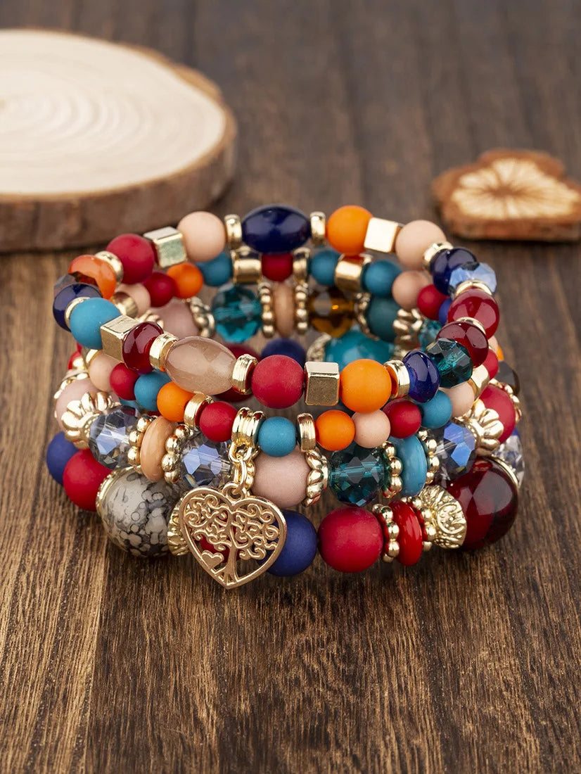 New Acrylic Beads Chain Bracelet Set For Women Tree Of Life Charm Elastic Bangle Female Bohemian Jewelry Accessories