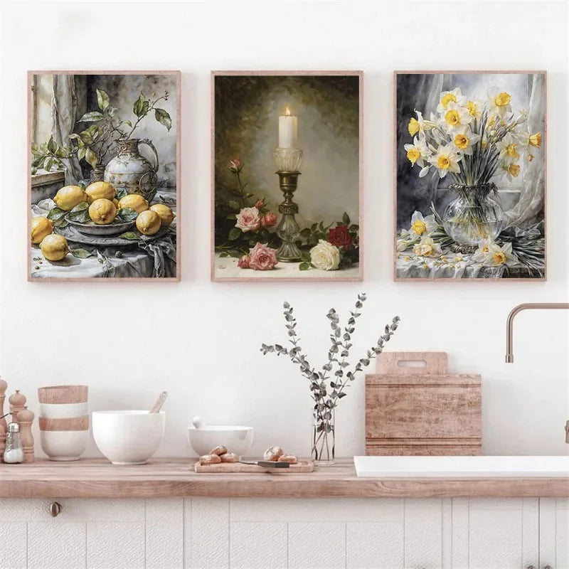 Botanical Canvas Print | Magnolia, Blueberry & Lemon Branch Wall Art | Modern Still Life Kitchen Decor