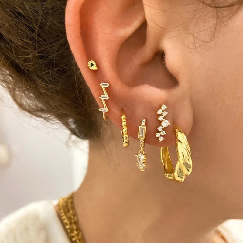 WOMEN 925 Silver Needle Water Drop Geometric Zircon White Zircon Crystal Flowers Pendant Hoop Earrings Fashion Wedding Jewelry