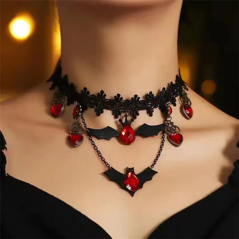 Goth Halloween Jewelry Set – Bat & Spider Charm Earrings, Necklace & Bracelet Choker