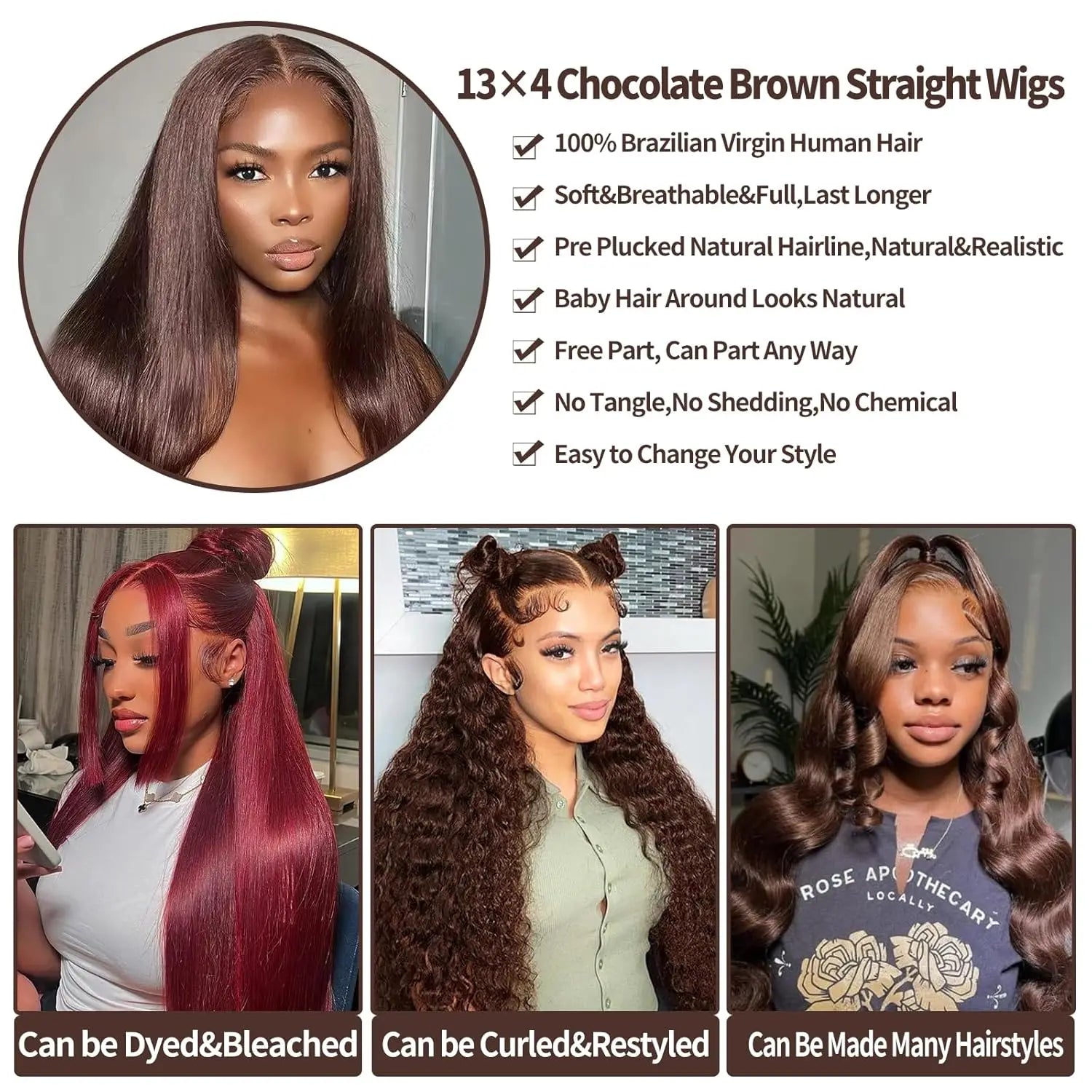 30 Inch Chocolate Brown Lace Front Wig 200% Density Straight HD transparent Lace Frontal Wigs Human Hair Pre Plucked For Women
