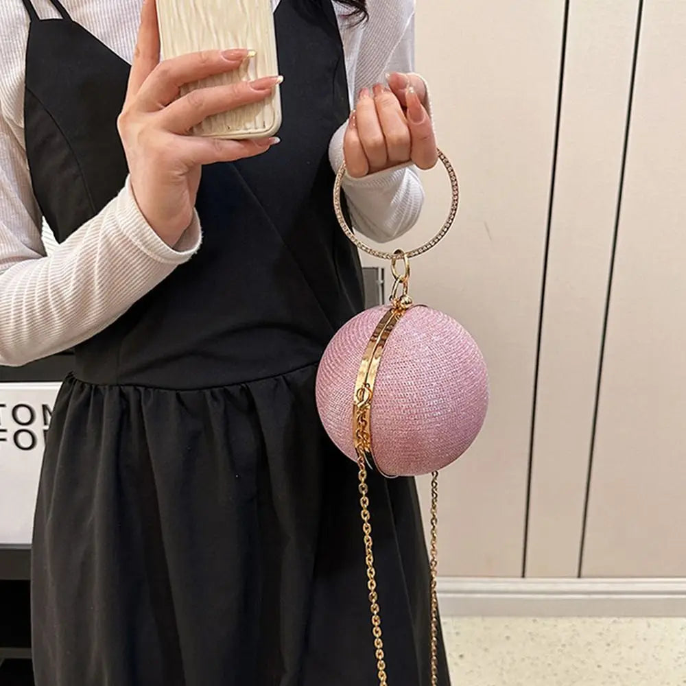 Gold Bright Silk Circular Evening Bag Women Banquet Clutch Rhinestone Decor Chain Shoulder Bags Luxury Female Party Handbags