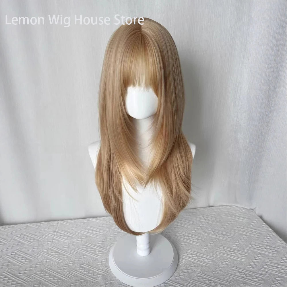 Flax Gold Synthetic Wig with Bangs Long Straight Hair High-Layered Lolita Wigs for Women's Daily Cosplay Wig Heat Resistant