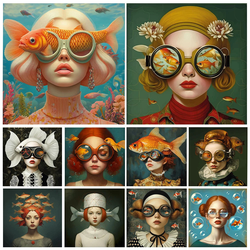 Surrealism Fish Woman Portrait Poster Prints For Living Room Home Decor Abstract Underwater Magic Girl Canvas Painting Wall Art