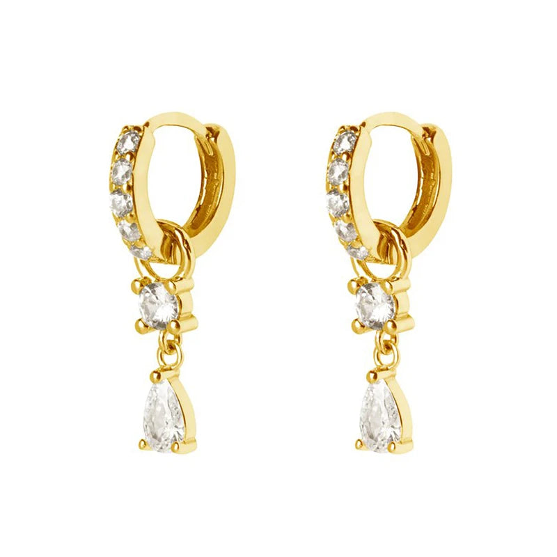 WOMEN 925 Silver Needle Water Drop Geometric Zircon White Zircon Crystal Flowers Pendant Hoop Earrings Fashion Wedding Jewelry