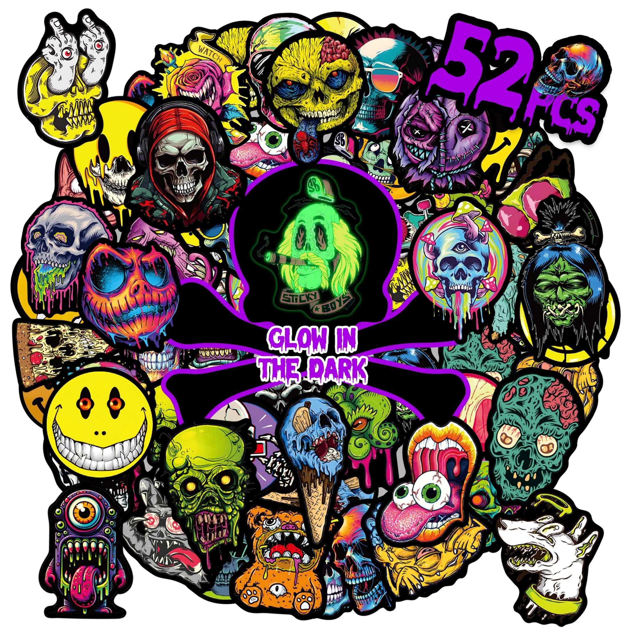 Glow in the Dark Skull Stickers | 52pcs Horror Luminous Waterproof Decals | Water Bottle, Wall Art & Home Decor