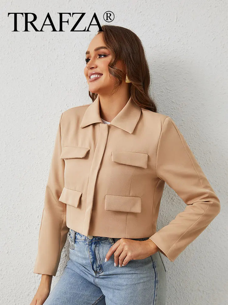 Women's Solid Office Jacket – Long Sleeve Button Coat with Pockets
