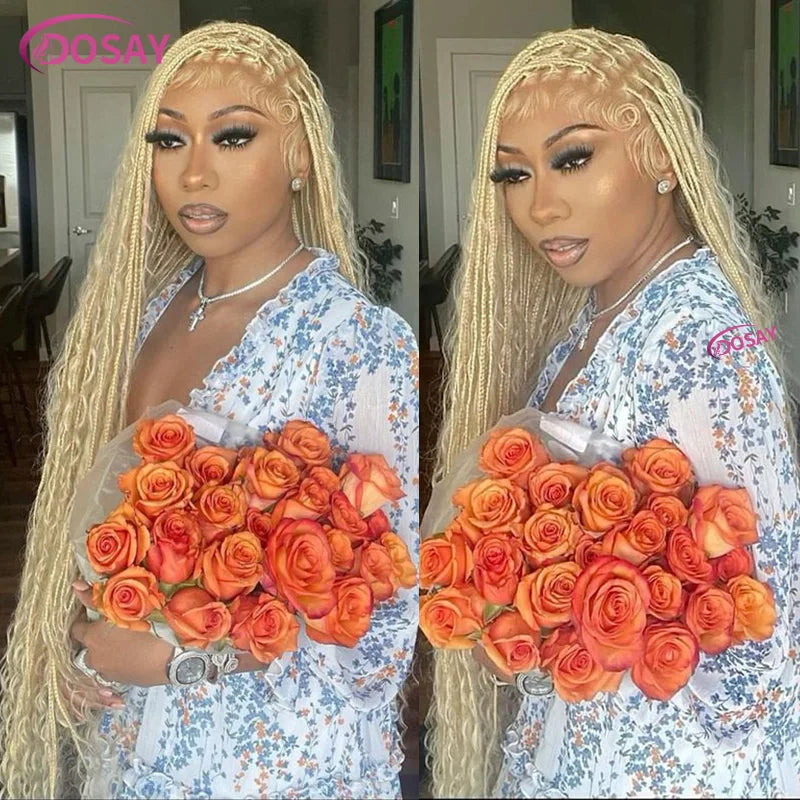 Blonde 613 Full Lace Front Synthetic Braided Wigs Boho Box Braids Wig 32'' Square Knotless Braided Wig With Curly Ends For Woman