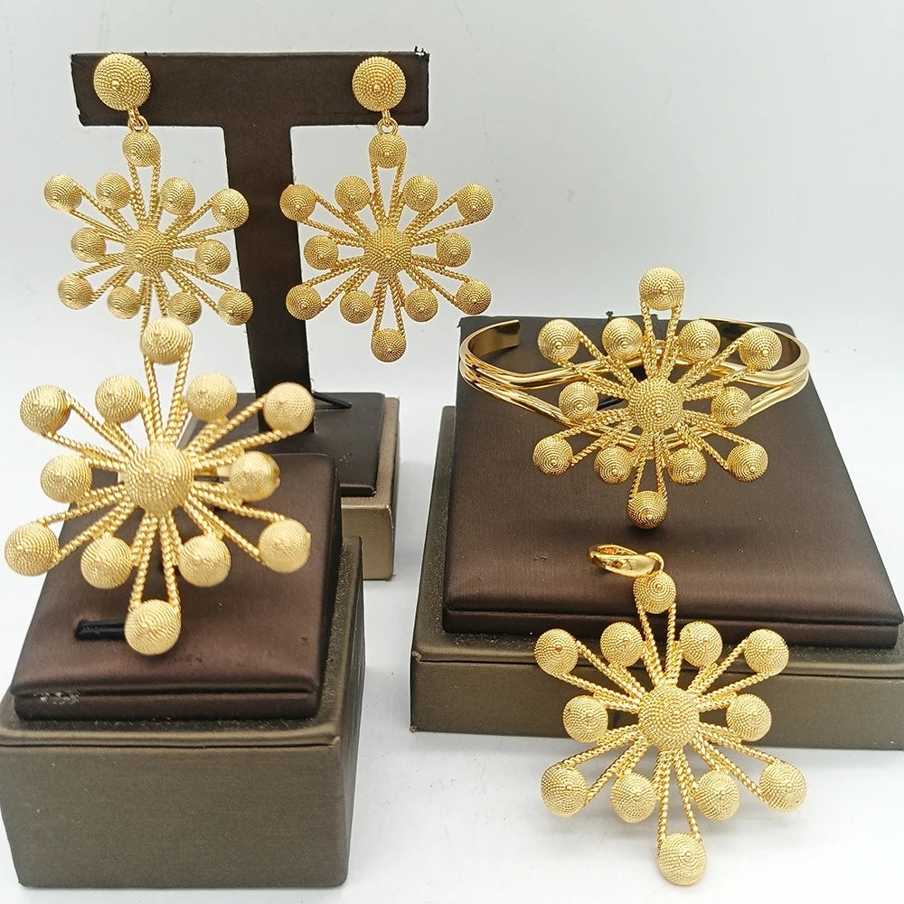 African Map Bridal Jewelry Set – 4-Set Luxury Gold Pendant Earrings, Bangles & Ring for Weddings