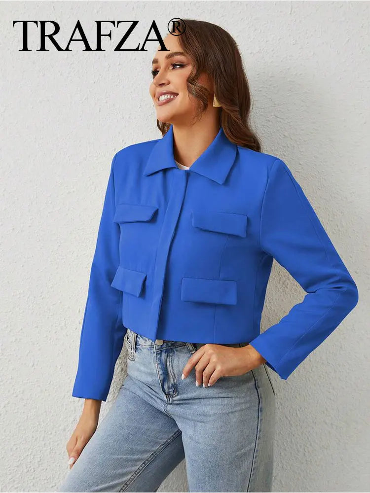 Women's Solid Office Jacket – Long Sleeve Button Coat with Pockets