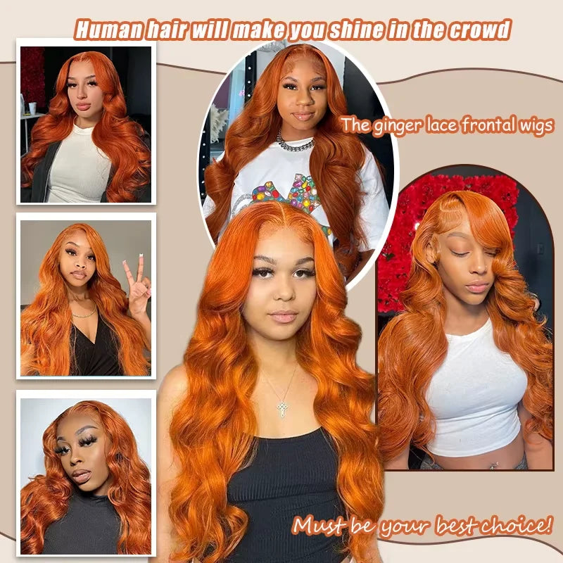 250% Density  Ginger Orange Body Wave 13x6 HD Lace Front Wig Human Hair For Women #350 Colored Pre Plucked Natural Hairline