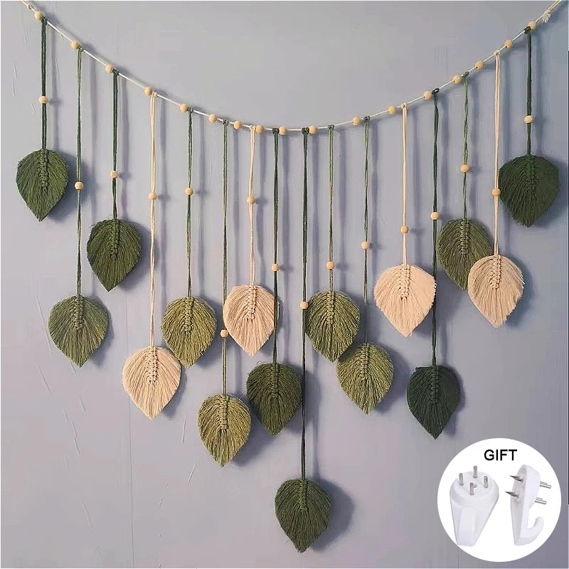 Boho Macrame Leaf & Feather Wall Hanging | Handmade Tapestry Wall Art | Living Room Bedroom Boho Home Decor