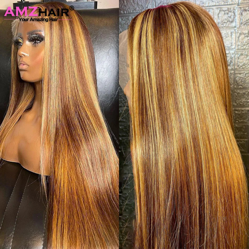 Highlight Colored Straight Lace Front Human Hair Wigs Honey Blonde 13X4 13x6 HD Transparent Lace Frontal Wigs For Black Women