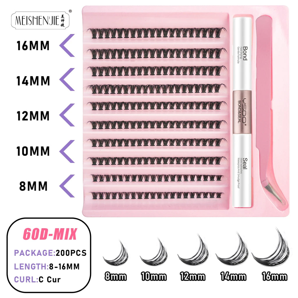 New 10Rows Individual Lashes Kit Natural Long DIY Cluster Eyelashes with Lash Bond and Seal Extension Kit Makeup Tools Faux Cils