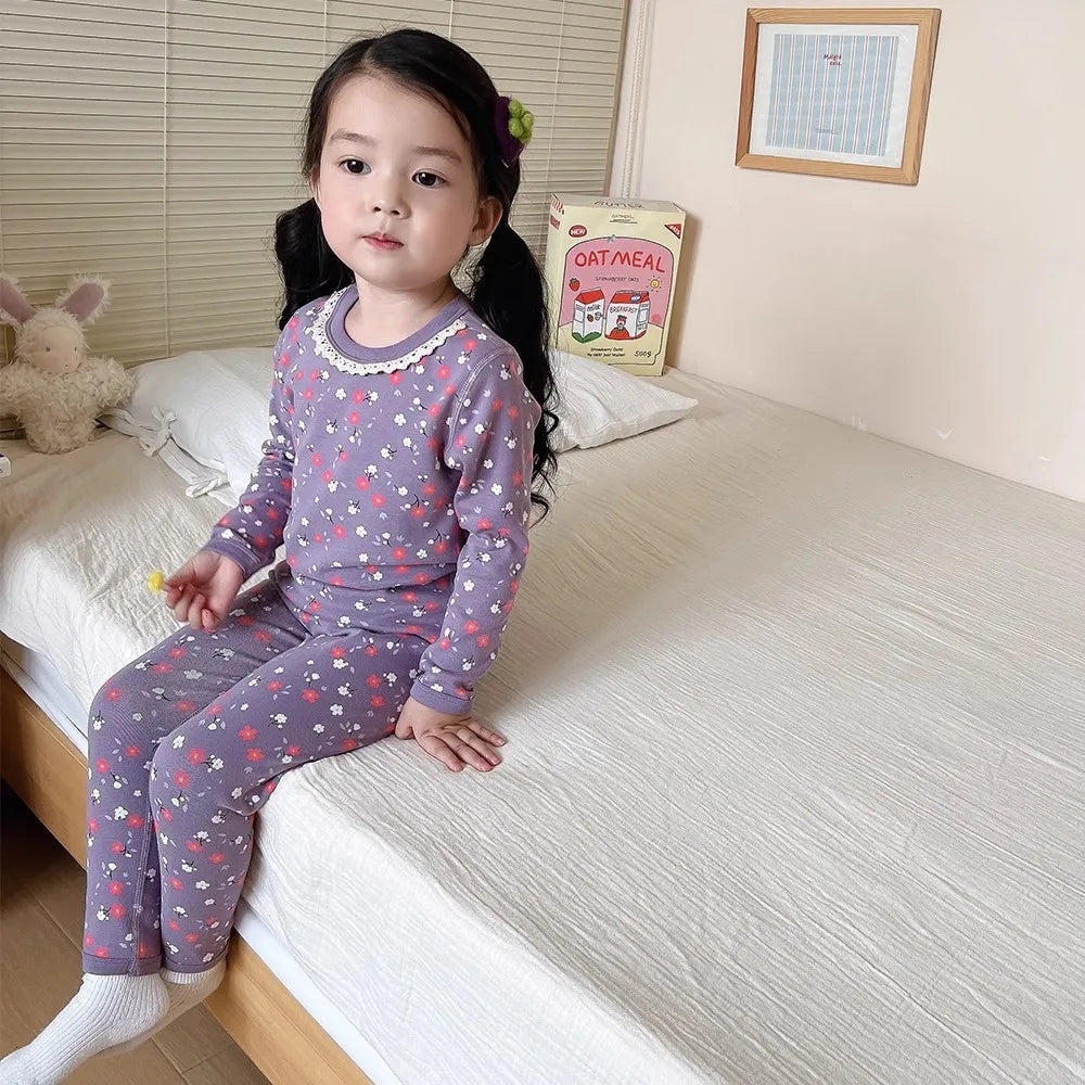 Girls' Floral Pajama Set – Soft Warm 2-Piece Spring & Autumn Baby Sleepwear
