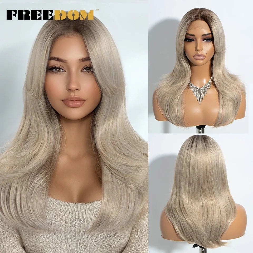 FREEDOM Straight Synthetic Lace Front Wigs For Black Women Ombre Blonde Brown Lace Wig 20 Inch Wig With Bangs Cosplay Lace Wig