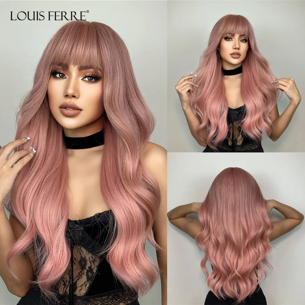 LOUIS FERRE Long Wavy Pink Synthetic Wigs with Bangs for Women Hot Pink Curly Heat Resistant Hair Wig for Cosplay Halloween Use