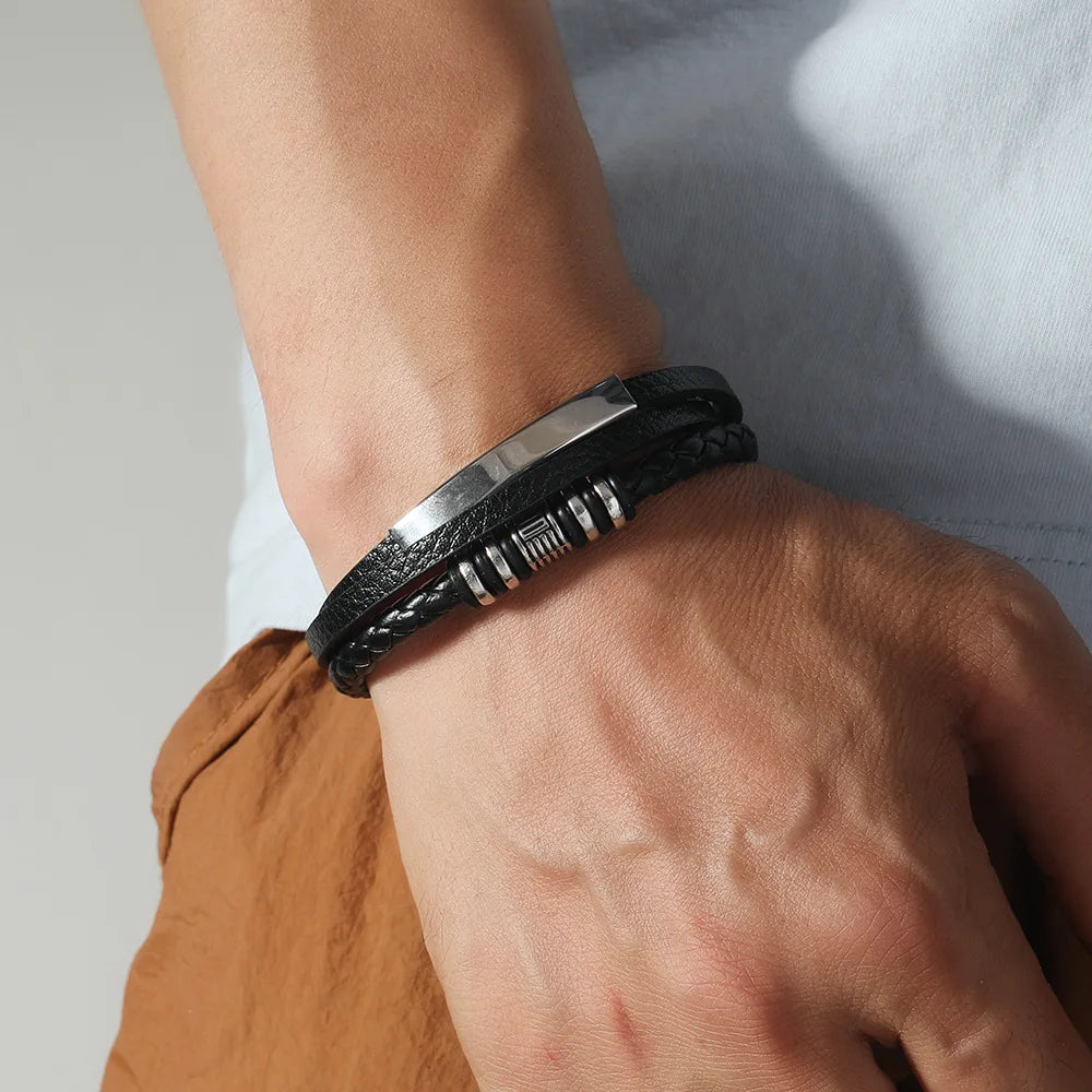 IFYOUOO Bracelet 21CM Multilayer Braided Rope Bracelets for Male Trendy Leather Bracelets For Men Stainless Steel Jewelry Gifts