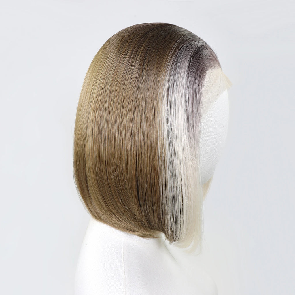 Ombre Blonde Highlight Short Bob Wigs Dark Roots Synthetic 13x4 Lace Front Brown Blonde Wig For Women Daily Use 150Density 12"