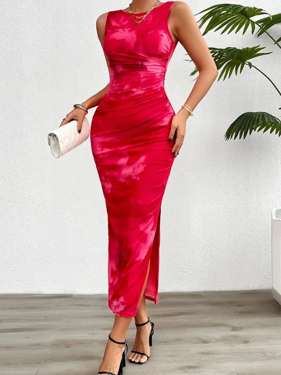 Women's Clothing 2025 Spring Summer New Fashionable Printed Temperament Slim Fit Sexy Sleeveless Tight Fitting Dress