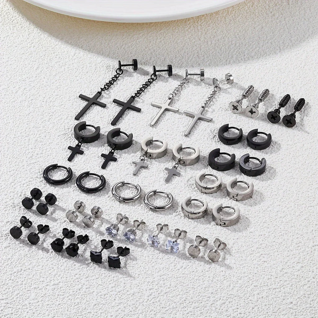 Simple Stainless Steel Zircon Stud Earrings For Men, Cross Pendant Hoop Earrings For Daily Wear