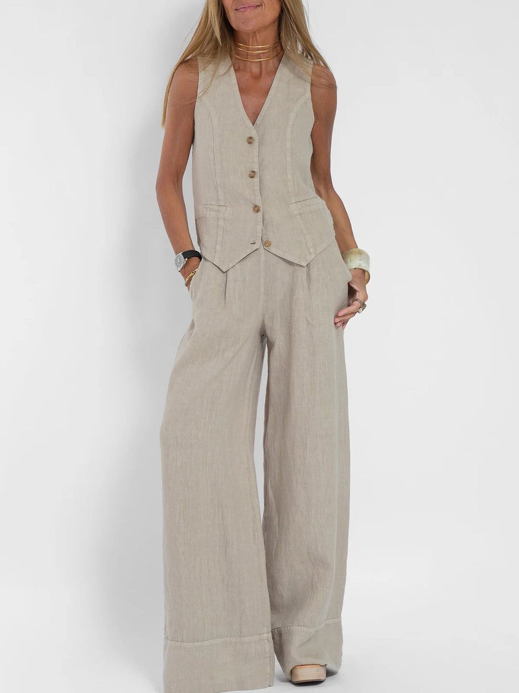 Women's Clothing 2024 Spring Summer New Fashionable Vest Pants Collage Splicing Pure Sleeveless Color Temperament Casual Suit