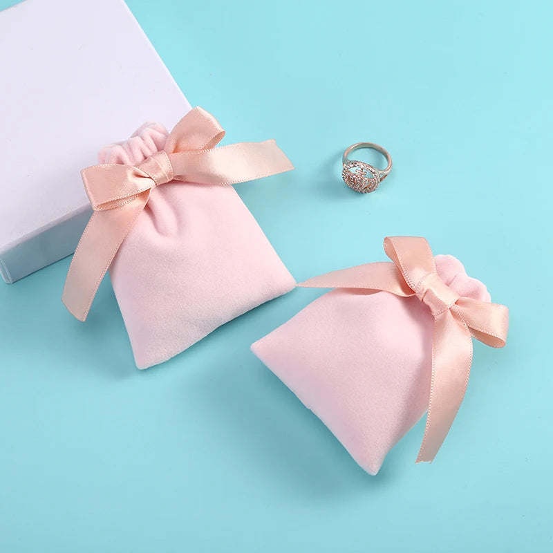 10pcs/lot 7x9cm Pink Velvet Ribbon Bag Drawstring Earrings Rings Necklace Bracelet  Wedding Christmas Gift Storage Pouches
