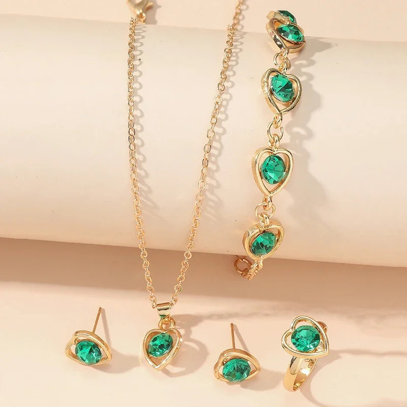 Gold Heart Shaped Jewelry Set – 5-Piece Rhinestone Double Heart Ring, Earrings & Necklace for Women