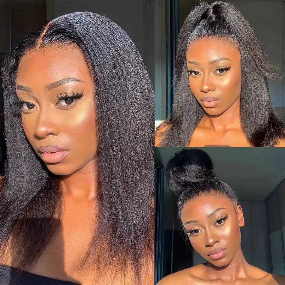 Glueless Kinky Straight Short Human Hair Wig 4x4 13x4 Frontal HD Transparent Lace Peruvain Remy Soft Yaki Wig Ready To Wear