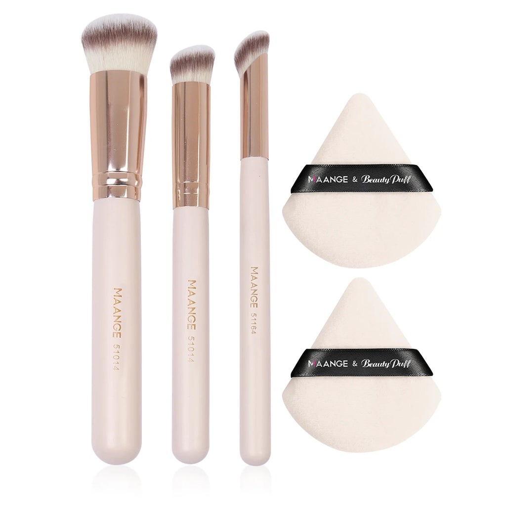 Maange 3-Piece Makeup Brush Set – Concealer, Eye Shadow & Blending Brushes with 2 Triangle Powder Puffs