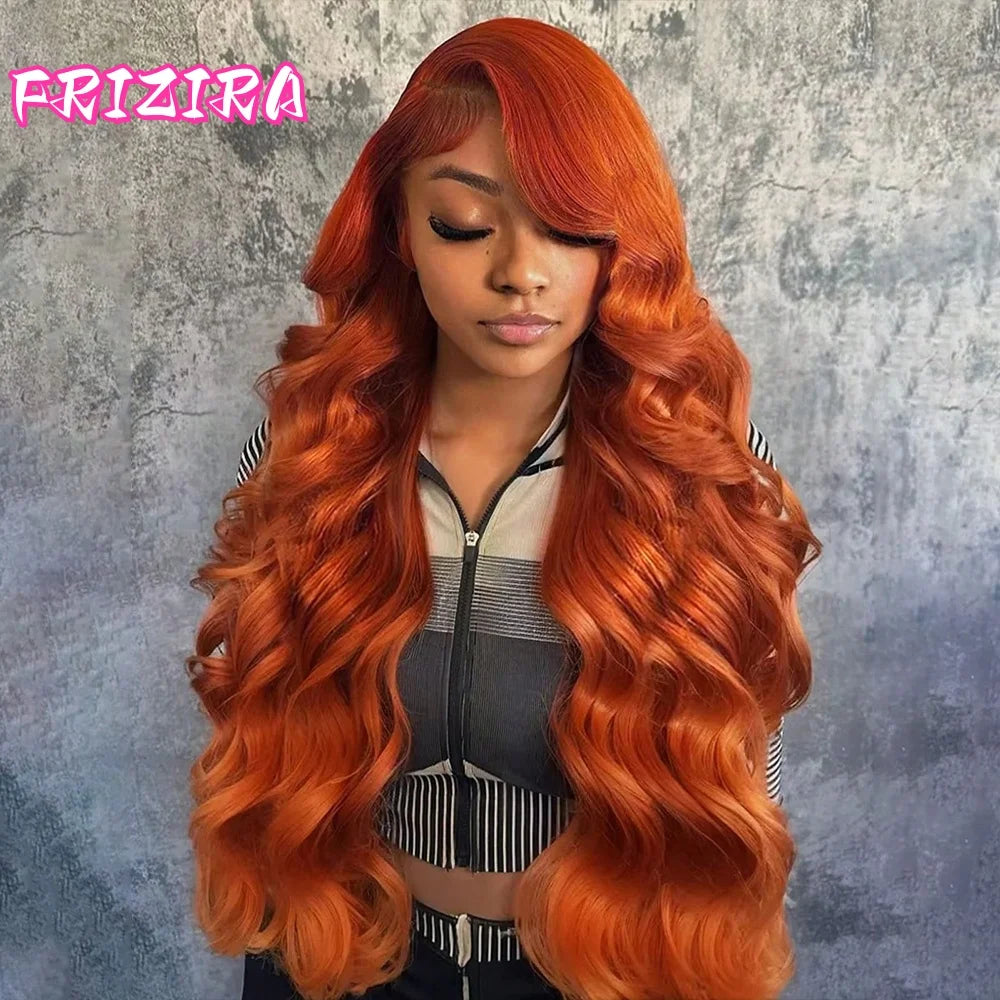 250% Density  Ginger Orange Body Wave 13x6 HD Lace Front Wig Human Hair For Women #350 Colored Pre Plucked Natural Hairline