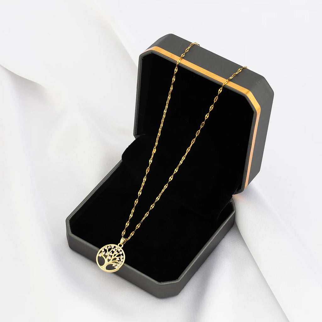Temperamental Luxury Rhinestone Tree of Life Pendant Necklace Women Vintage Stainless Steel Waterproof Chain Aesthetic Jewelry