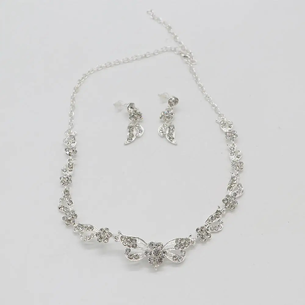 Korean Style Wedding Jewelry Set – Necklace, Earrings & Tiara for Women