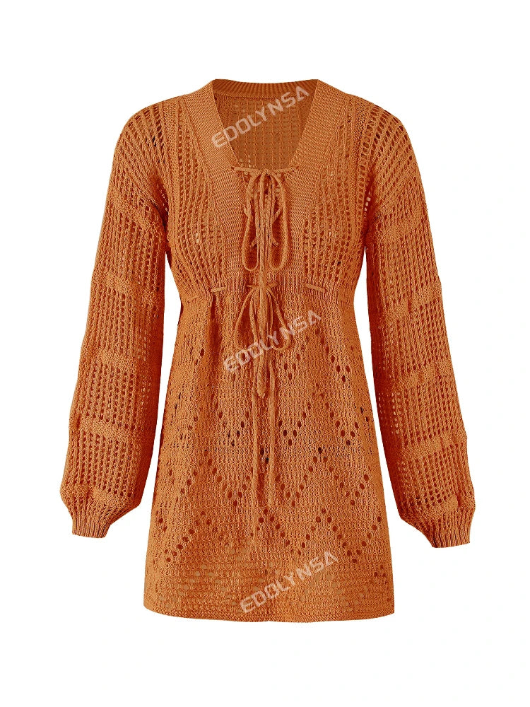 Sexy Deep V-neck Lace-up Bell Sleeve Knit Mesh Hollow Out Beach Mini Dress 2026 Summer Swimsuit Cover Up Women Casual Tunic K14