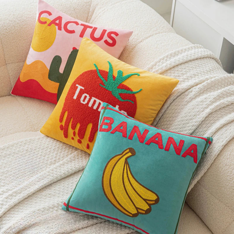 Ins Letter Fruit Embroidered Cushion Cover | 45×45cm Nordic Velvet Pillowcase | Handmade Home Decor