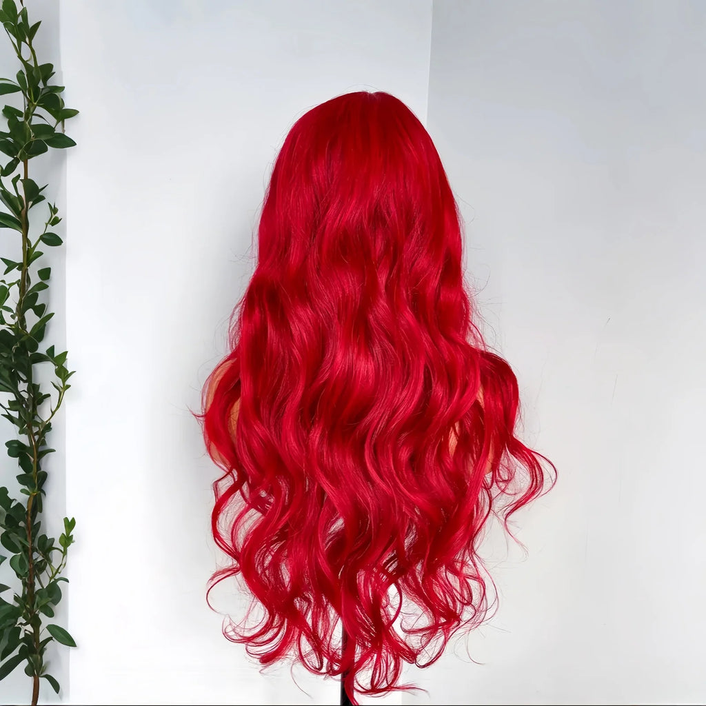 Red Wigs Long Wavy Wig for Women Synthetic Middle Part Natural Curly Body Wave Heat Resistant Fiber Wig for Daily Party Cosplay